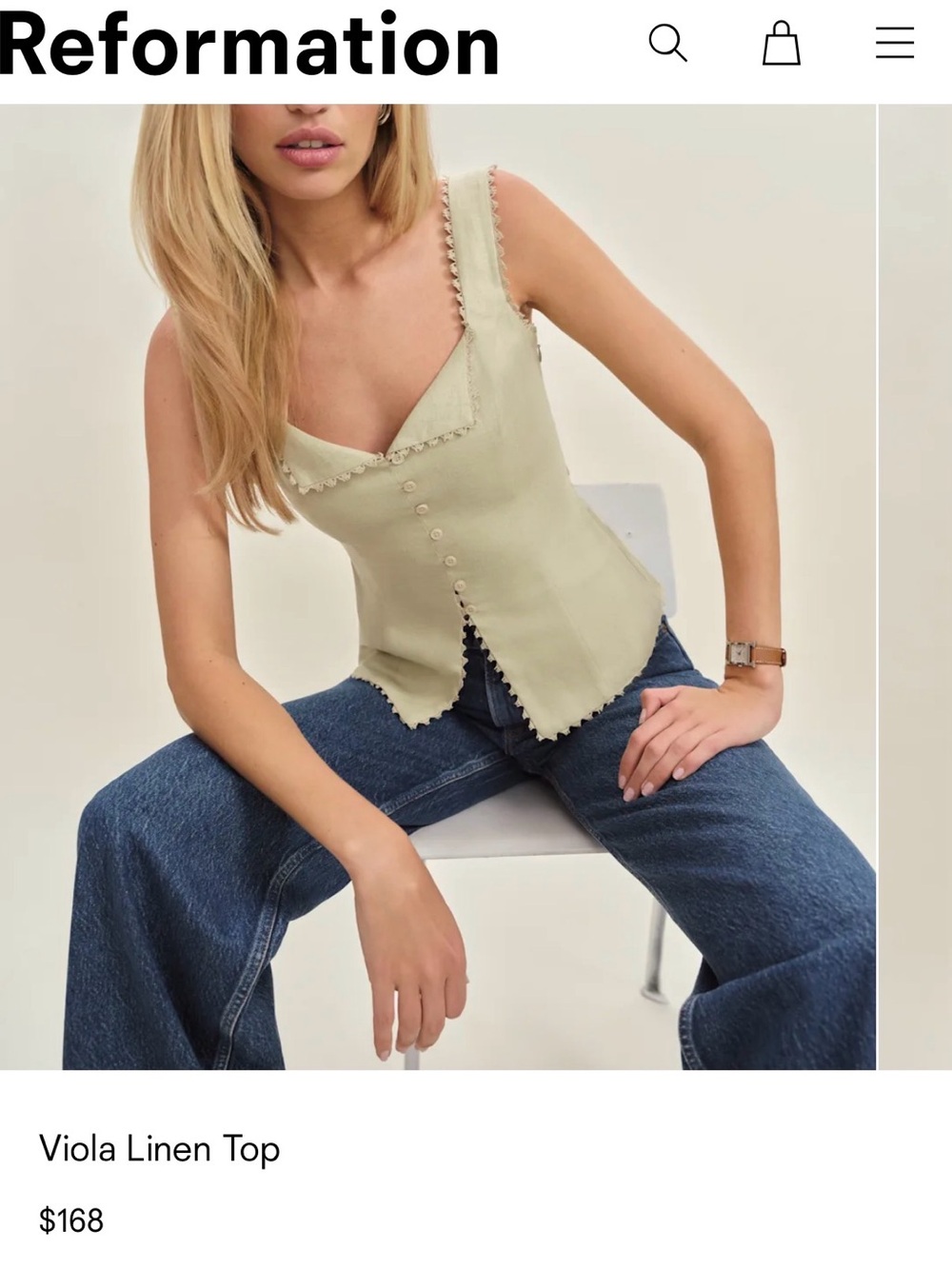 Reformation Pistachio Linen Button-Front Top - Picture 8 of 8